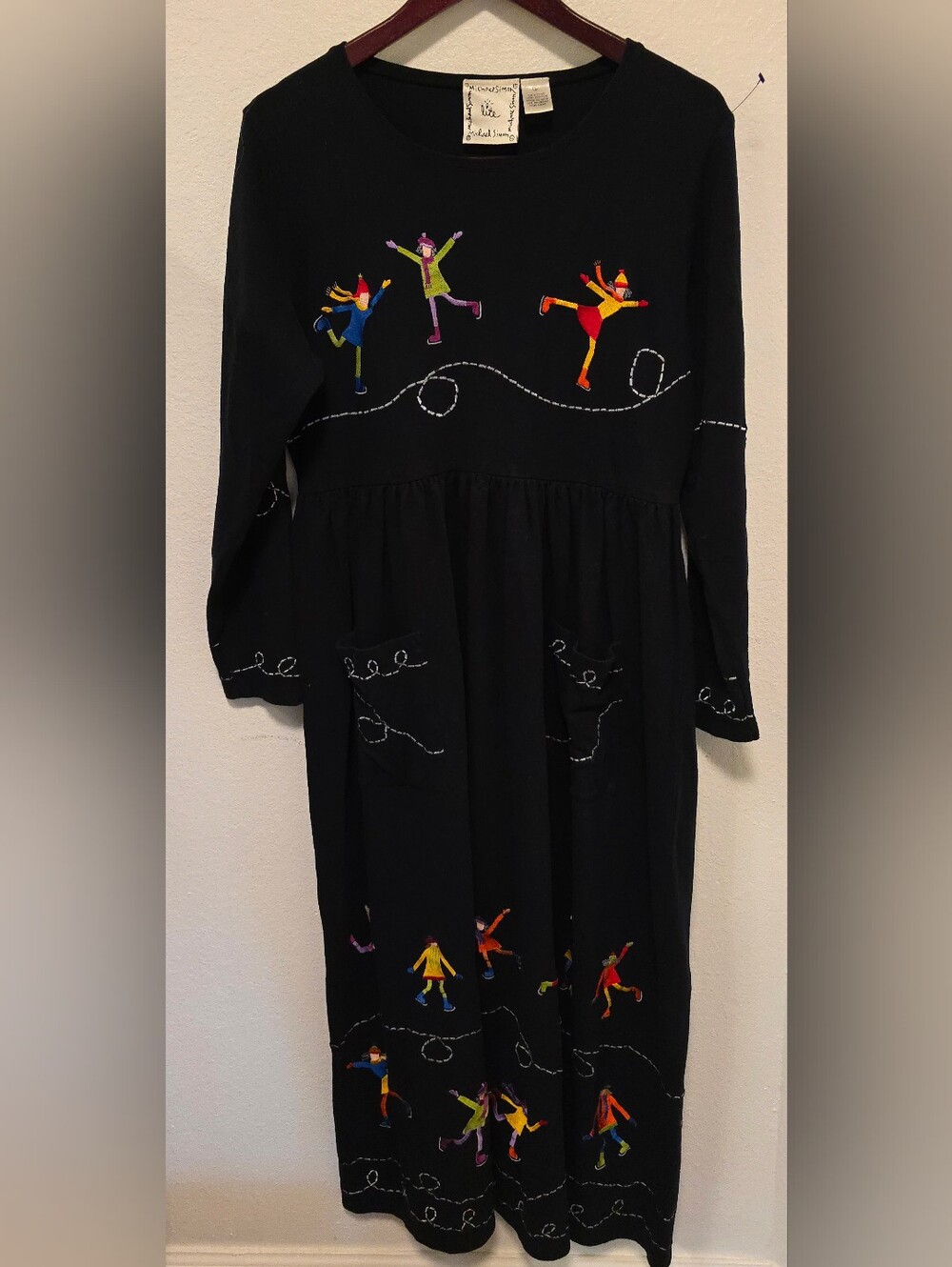 Michael Simon Black Long Sleeve Dress with Colorful Embroidered Skaters